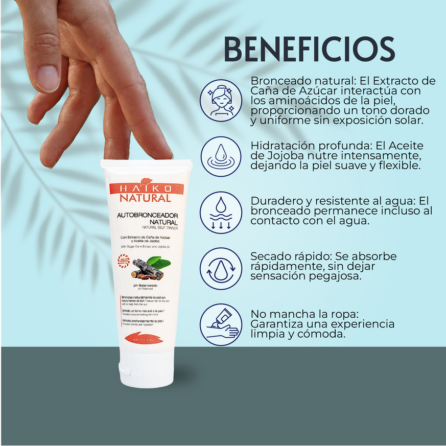Autobronceador Natural con Extracto de Caña de Azúcar y Aceite de Jojoba - 80g | Bronceado Uniforme y Profundamente Hidratante | Libre de Parabenos