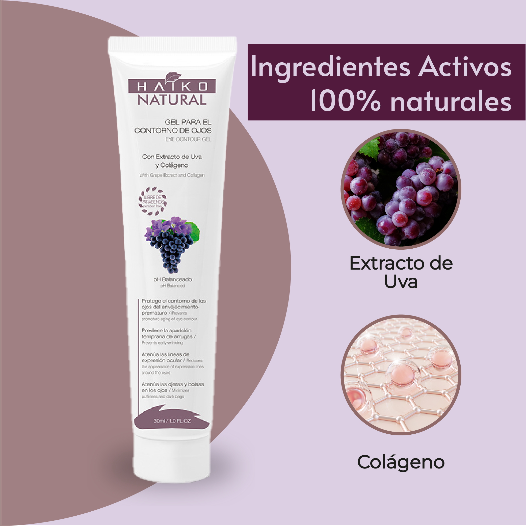 Gel Contorno de Ojos con Extracto de Uva y Colágeno - 30g | Atenúa Ojeras y Líneas de Expresión | Libre de Parabenos