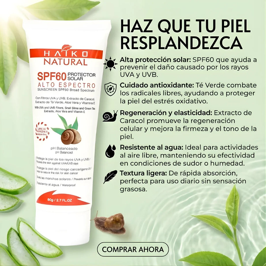 SPICY | Protector Solar SPF 60 con Extracto de Caracol, Aloe Vera, Té Verde y Vitamina E - 80g | Alta Protección y Ayuda a Atenuar Manchas en la Piel | Libre de Parabenos (Copia)