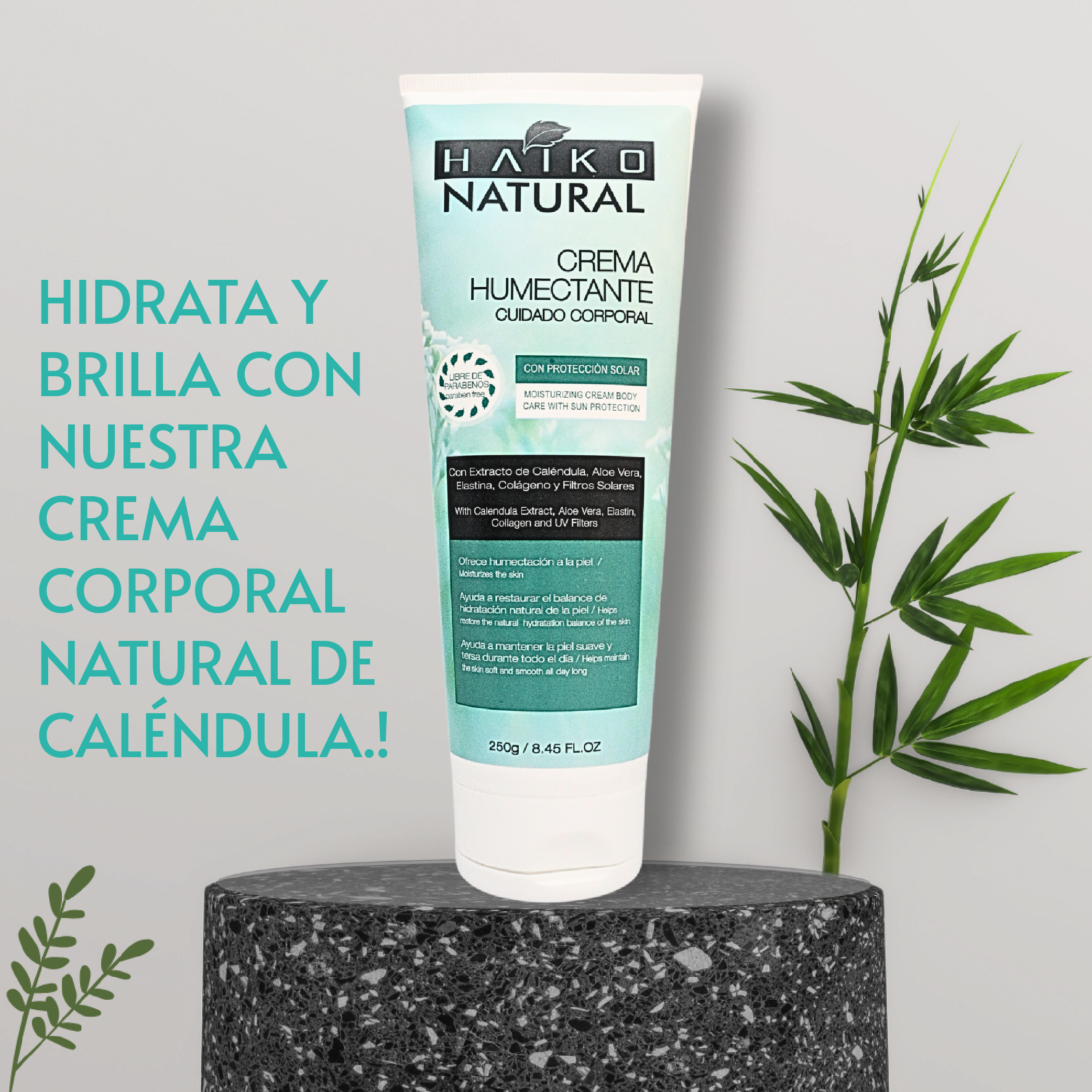 Crema Humectante Corporal con Filtros Solares, Caléndula, Aloe Vera, Elastina y Colágeno - 250g | Hidratación Profunda y Protección UV | Libre de Parabenos