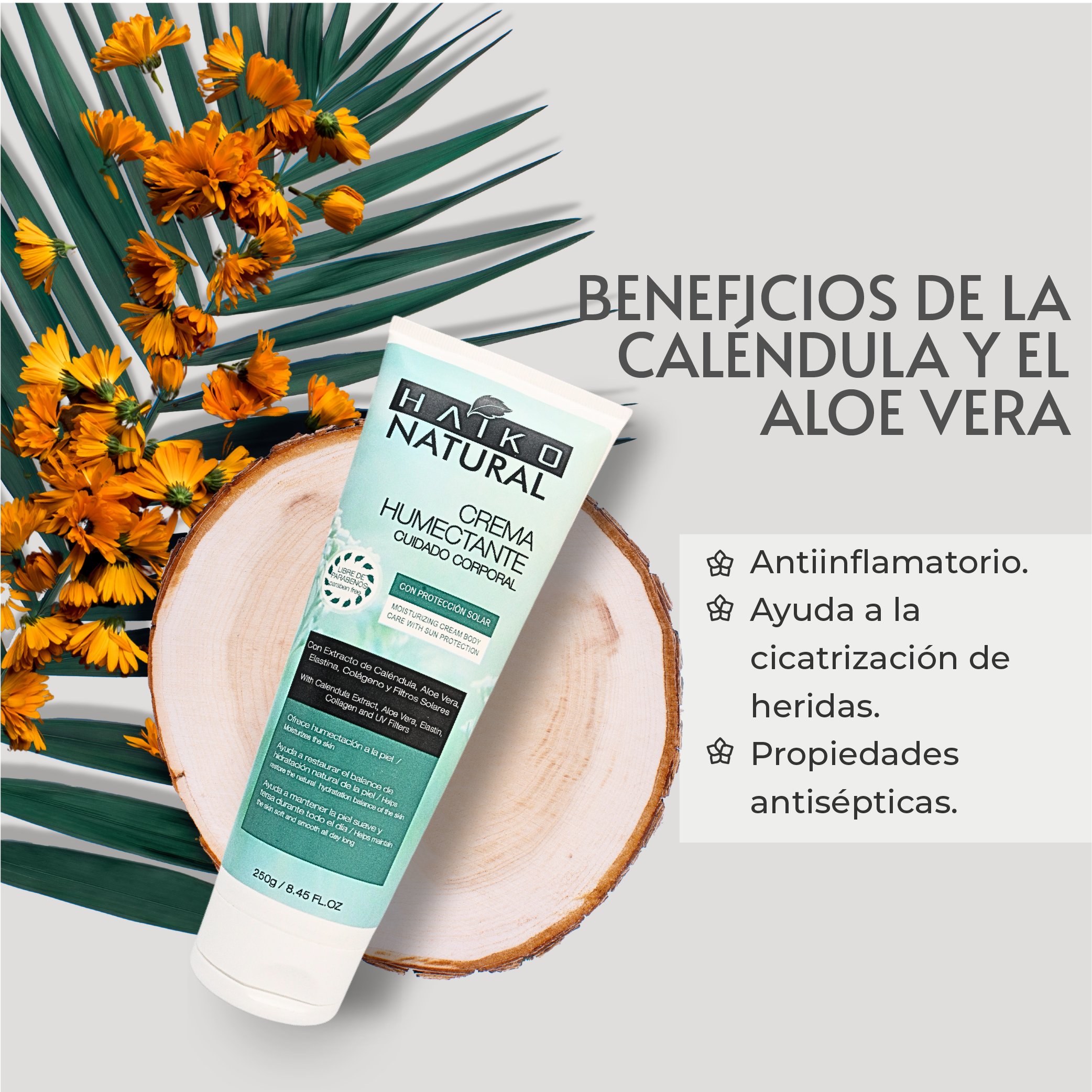 Crema Humectante Corporal con Filtros Solares, Caléndula, Aloe Vera, Elastina y Colágeno - 250g | Hidratación Profunda y Protección UV | Libre de Parabenos
