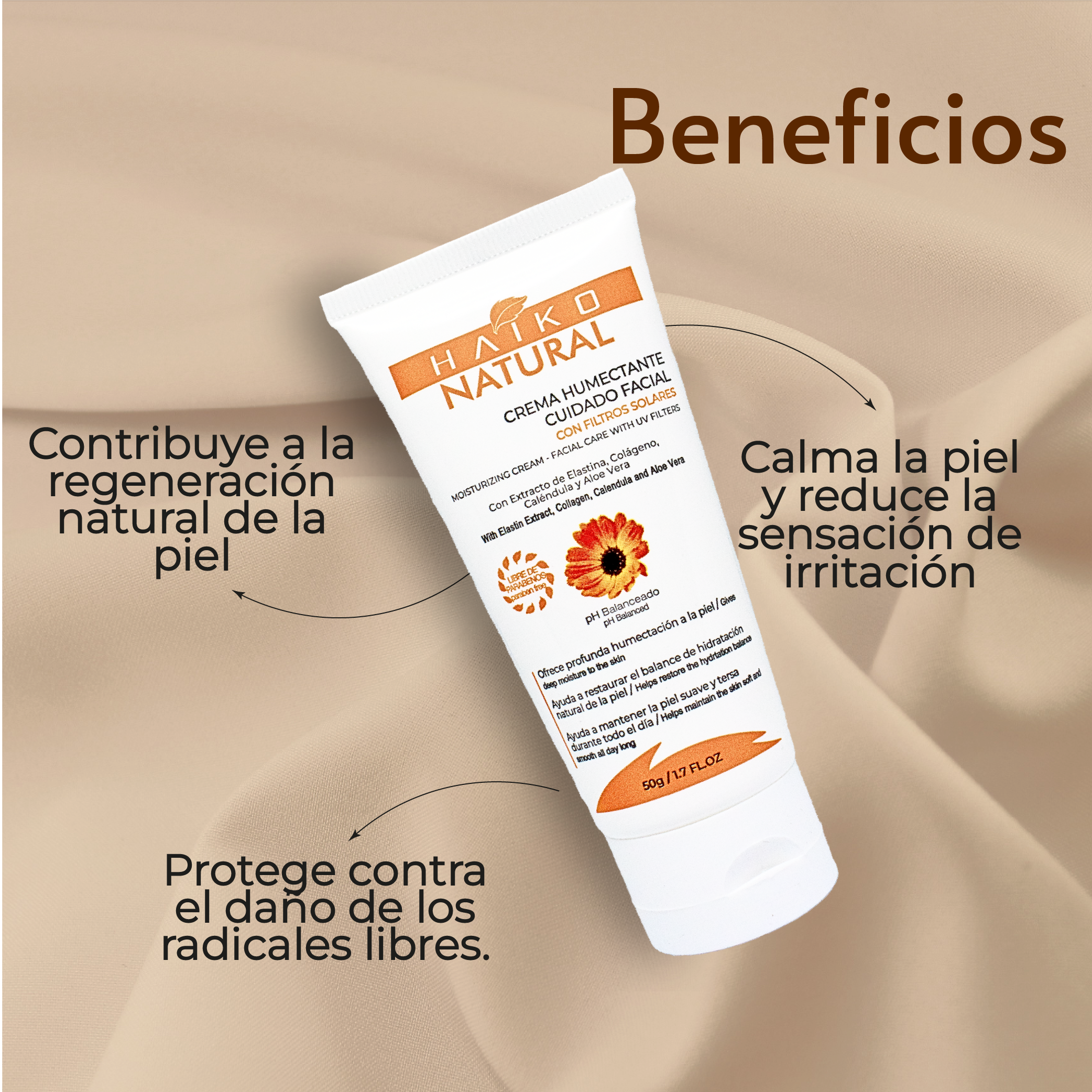Crema Humectante Cuidado Facial con Filtros Solares - 50g | Hidratación Profunda y Protección UV | Libre de Parabenos /