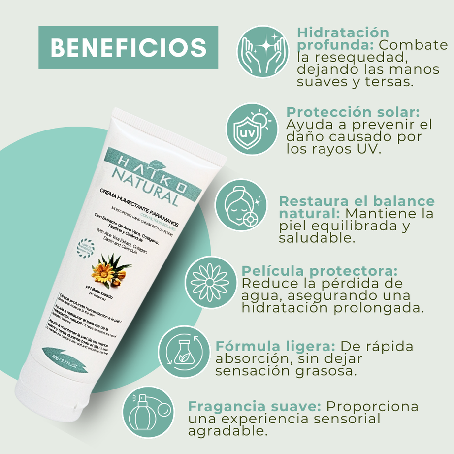 Crema Humectante para Manos con Filtros Solares, Elastina y Colágeno - 80g | Hidrata y Ayuda a Proteger la Piel | Libre de Parabenos