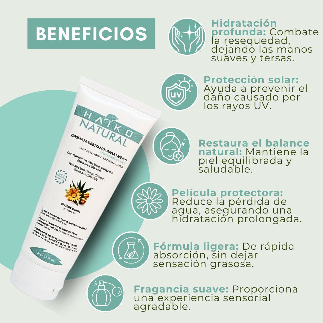 Crema Humectante para Manos con Filtros Solares, Elastina y Colágeno - 80g | Hidrata y Ayuda a Proteger la Piel | Libre de Parabenos