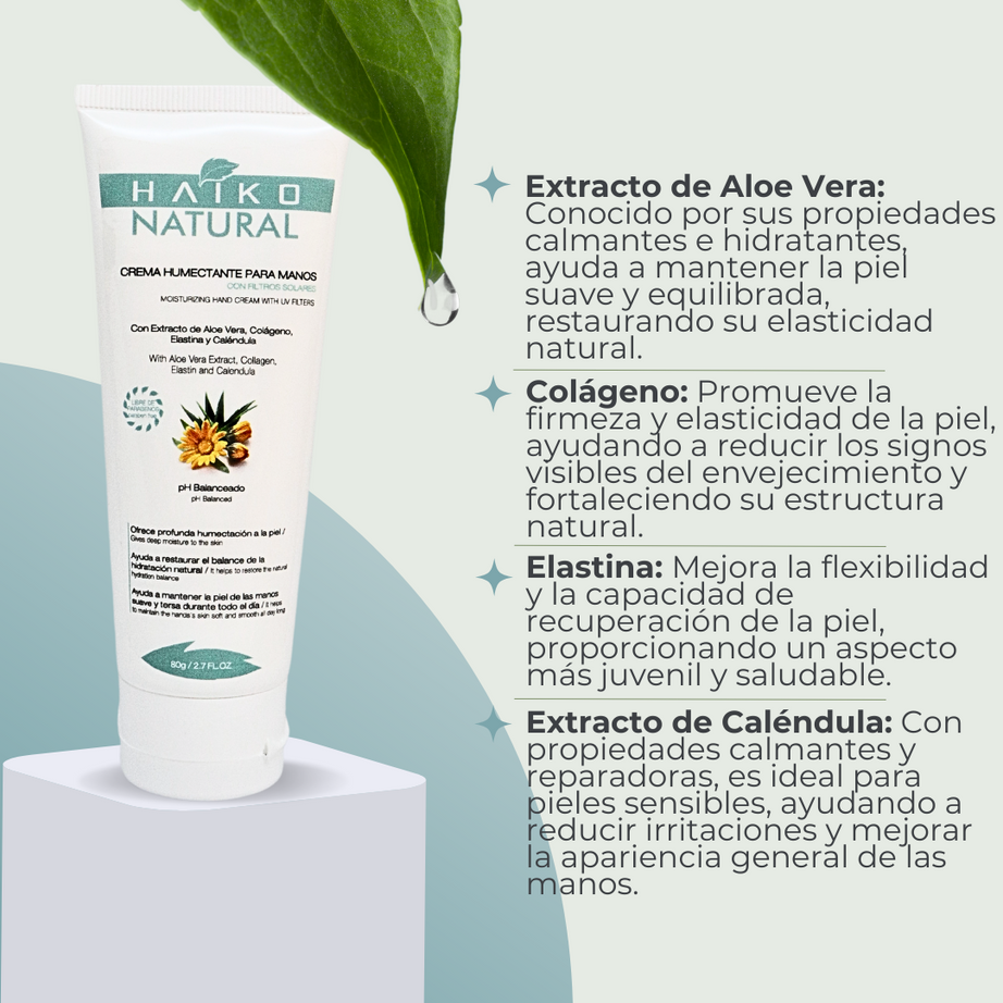 Crema Humectante para Manos con Filtros Solares, Elastina y Colágeno - 80g | Hidrata y Ayuda a Proteger la Piel | Libre de Parabenos