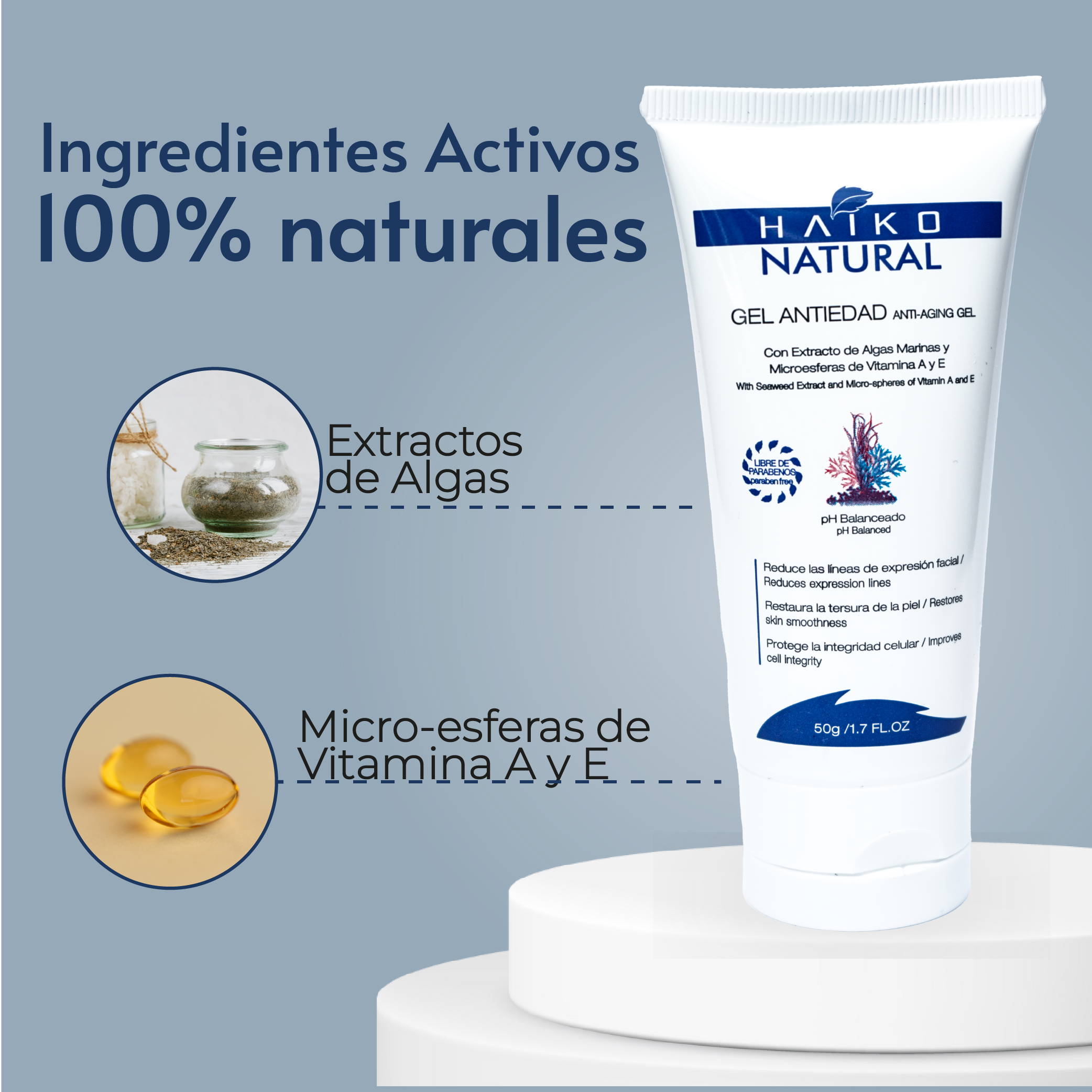 Gel Antiedad con Extracto de Algas Marinas y Microesferas de Vitaminas A y E - 50g | Suaviza Líneas de Expresión | Hidratación Profunda | Libre de Parabenos