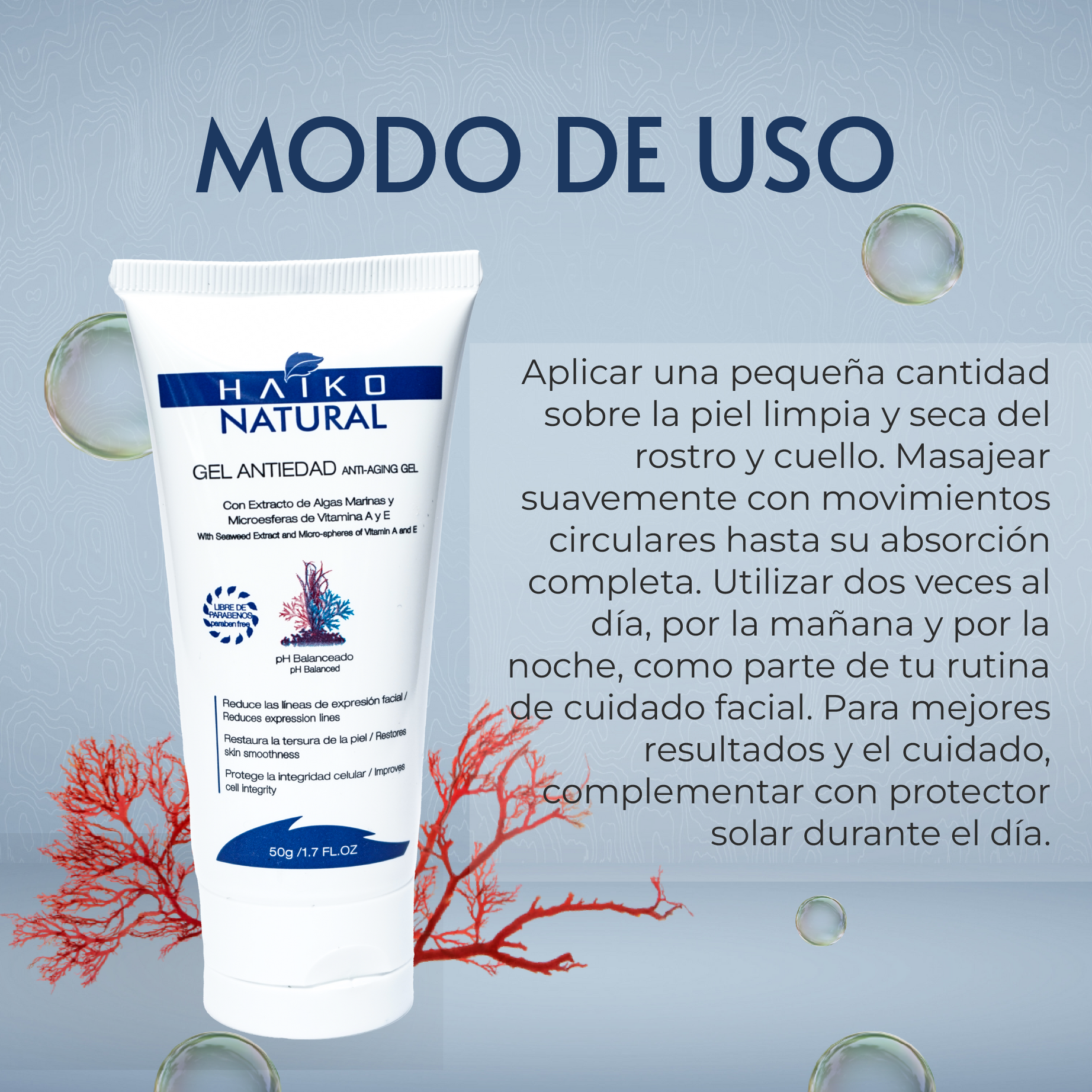 Gel Antiedad con Extracto de Algas Marinas y Microesferas de Vitaminas A y E - 50g | Suaviza Líneas de Expresión | Hidratación Profunda | Libre de Parabenos
