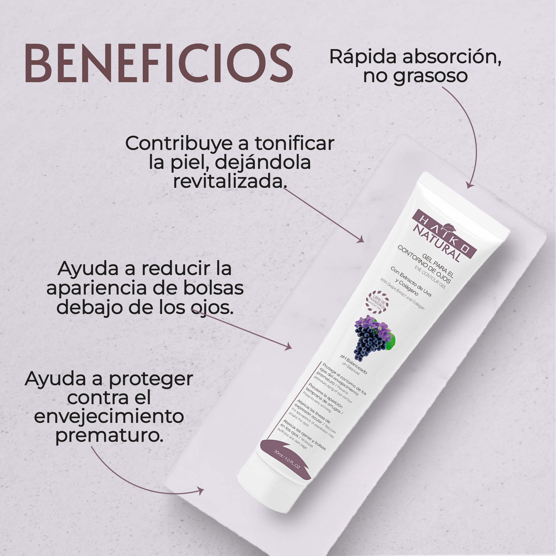 Gel Contorno de Ojos con Extracto de Uva y Colágeno - 30g | Atenúa Ojeras y Líneas de Expresión | Libre de Parabenos