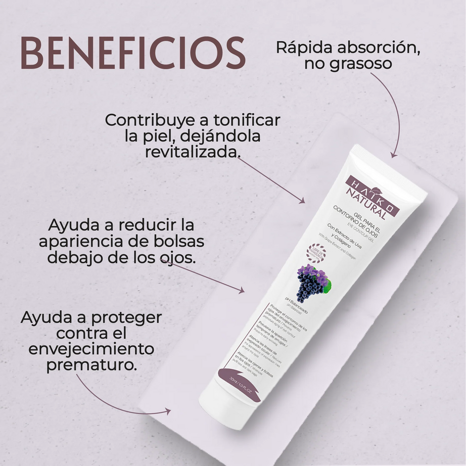 Gel Contorno de Ojos con Extracto de Uva y Colágeno - 30g | Atenúa Ojeras y Líneas de Expresión | Libre de Parabenos 2