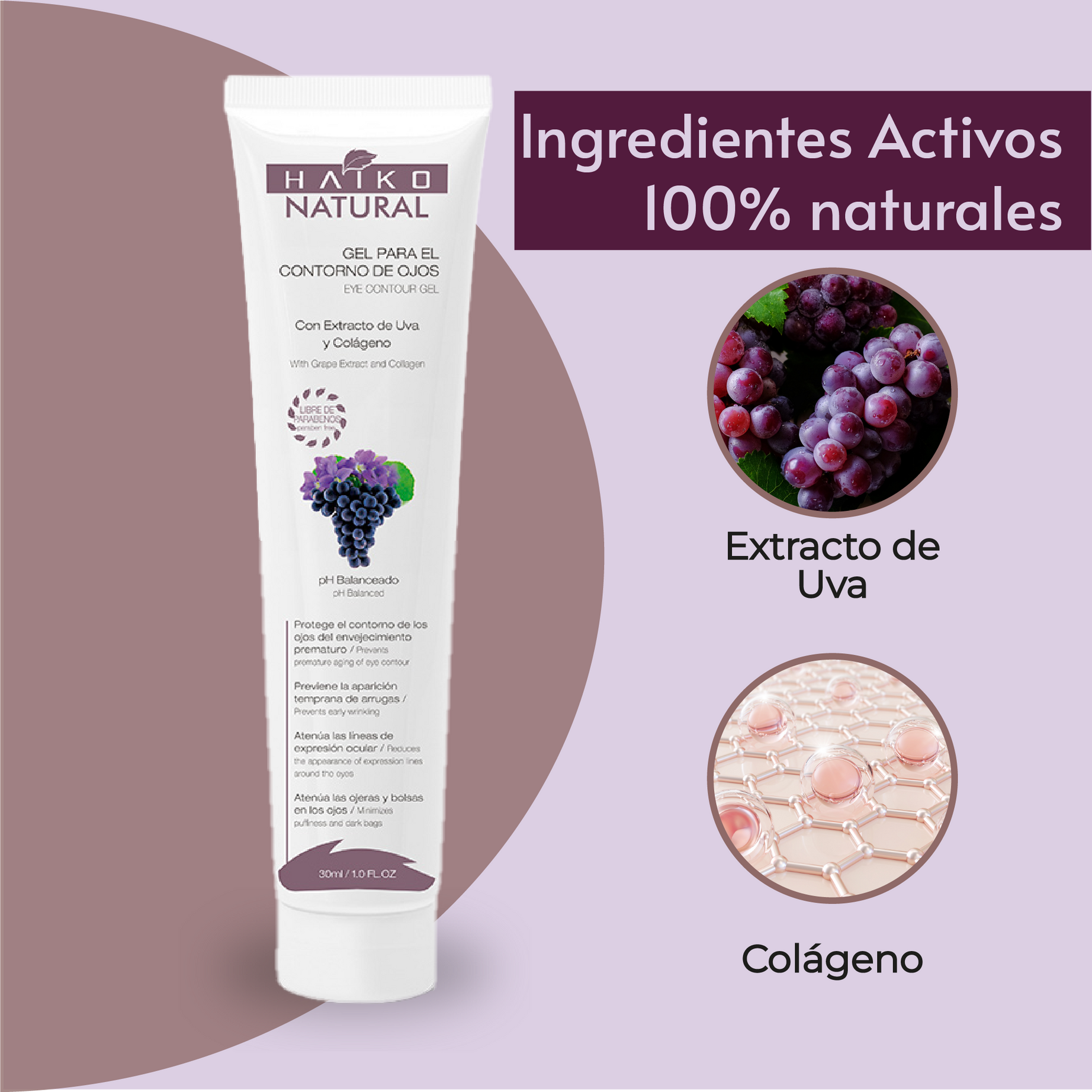 Gel Contorno de Ojos con Extracto de Uva y Colágeno - 30g | Atenúa Ojeras y Líneas de Expresión | Libre de Parabenos