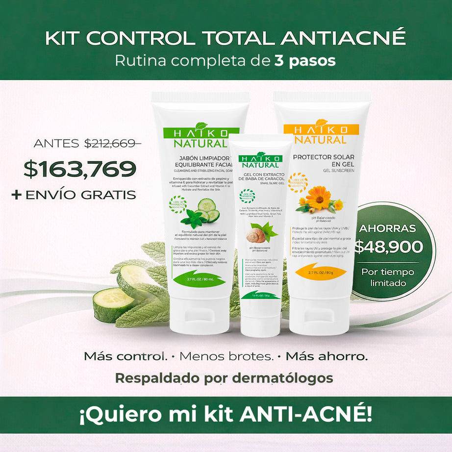 Kit control de acné y piel grasa - Jabón Limpiador y Equilibrante Facial con Extracto de Pepino y Vitamina E, Gel con extracto de caracol y bloqueador solar en gel con extracto de caléndula