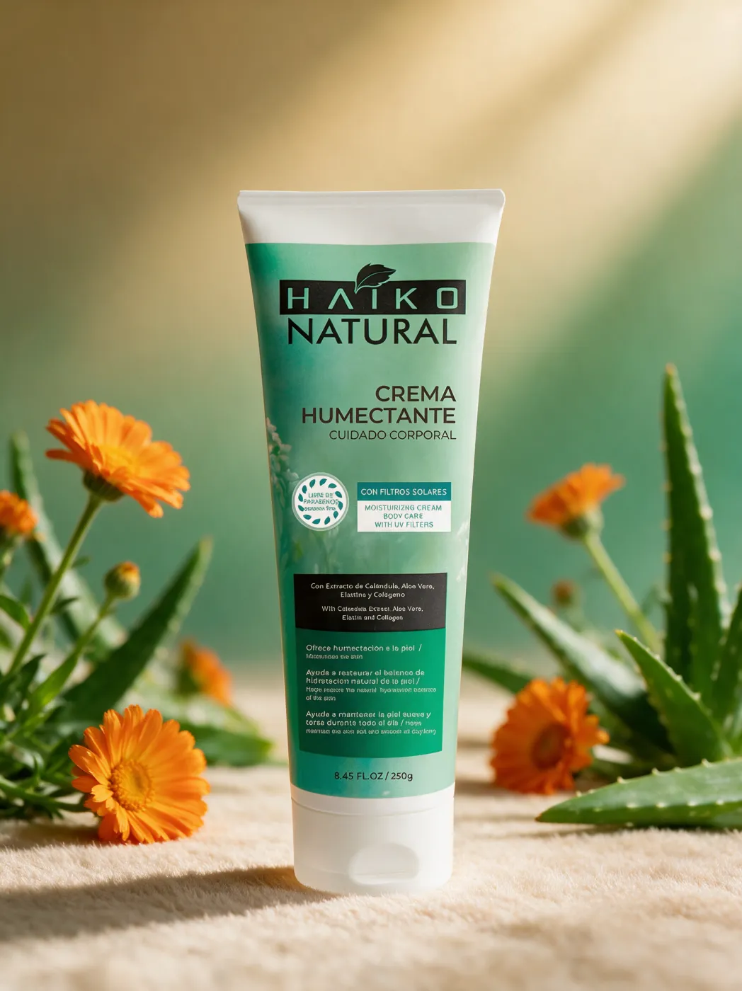 Crema Humectante Corporal con Filtros Solares, Caléndula, Aloe Vera, Elastina y Colágeno